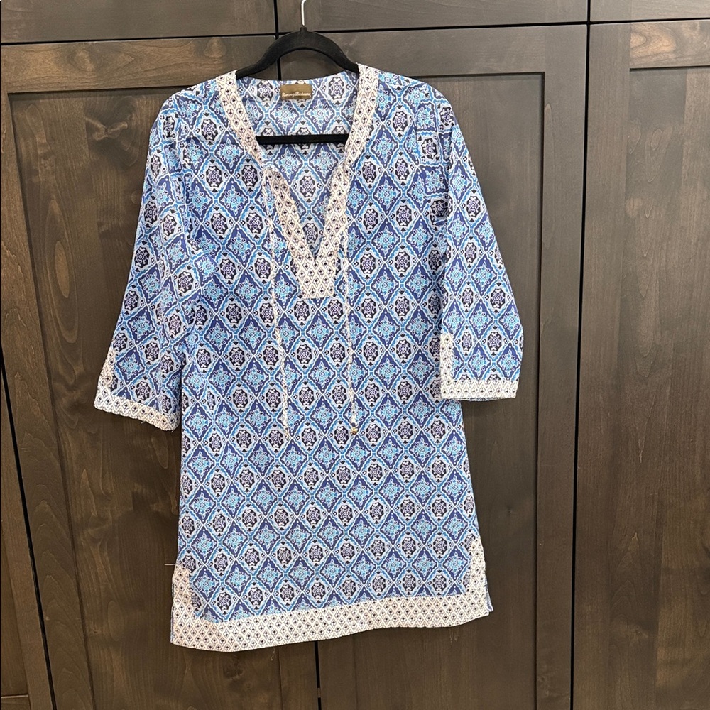 Tommy Bahama Blue and White print swim cover up.